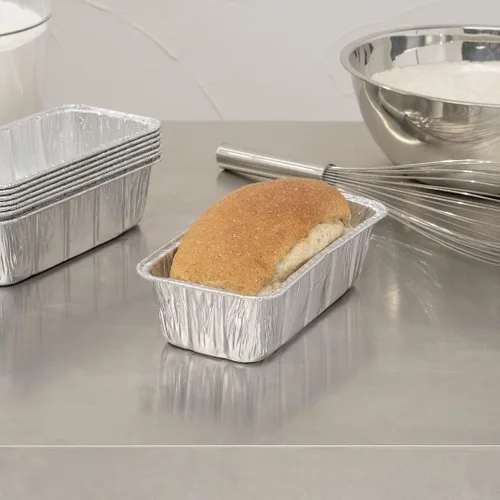 Vista 8 de Restaurantware Pastry Tek - Paneras de 8.5 x 4.3 pulgadas, 25 sartenes de aluminio listas para horno, 2 libras, congelables, de aluminio plateado