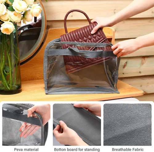 Vista 3 de 15 bolsas para el polvo para bolsos, organizador de almacenamiento de bolsos, 3 tamaños, organizador de bolsos transparentes para colgar bolsas