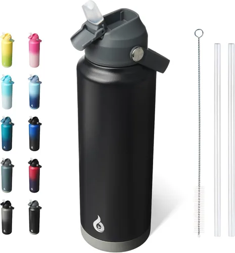 Vista 8 de BJPKPK - Botella de agua aislada con tapa de popote, 532 ml Botellas termo con boquilla suave, asa flexible y base antideslizante, libre de BPA, a