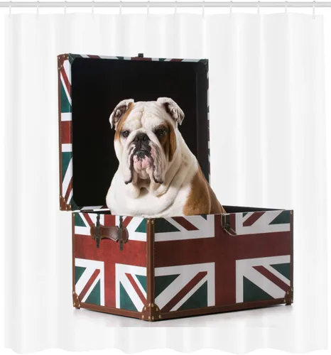 Vista 2 de Ambesonne Cortina de ducha de Bulldog Inglés, Bulldog sentado en Union Jack Britain, diseño patriótico, juego de decoración de baño de tela
