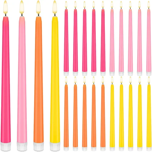 Vista 10 de Baquler 24 velas cónicas sin llama de 11 pulgadas, color rosa y verde, funciona con pilas, velas LED coloridas y parpadeantes de plástico dorado