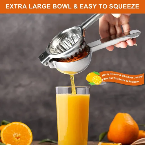 Vista 4 de TEZZ Exprimidor de Limón Extra Grande Mejorado, Exprimidor de Naranja Manual de Servicio Pesado con Tazón de Filtro Extra Grande de 3.47'', Plateado