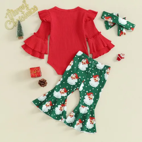 Vista 3 de Kuriozud Conjunto de pantalones acampanados para bebé recién nacida, con volantes, lindo conjunto de pantalones acampanados con diadema y ramitas