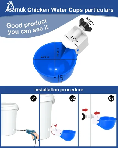 Vista 5 de Vasos para beber pollo (paquete de 8) con broca de 3/8 pulgadas, color azul Automatic Poultry Drinker Feeder Kit for Chickens, Ducks, Turkeys