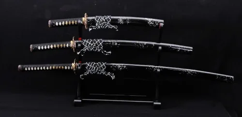 Vista 4 de Katana Wakizashi Tanto de arcilla japonesa forjada a mano, 3 piezas, corte real