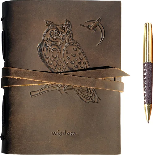 Vista 10 de Sovereign-Gear Diario encuadernado en cuero para hombres y mujeres, juego de regalo hecho a mano con diario de cuero en relieve de gato y bolígrafo