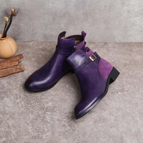 Vista 4 de oiangi Botas para mujer, botines de tobillo 2022, a la moda, de invierno, con puntera redonda, con hebilla, con tacón bajo, sólidas, informales