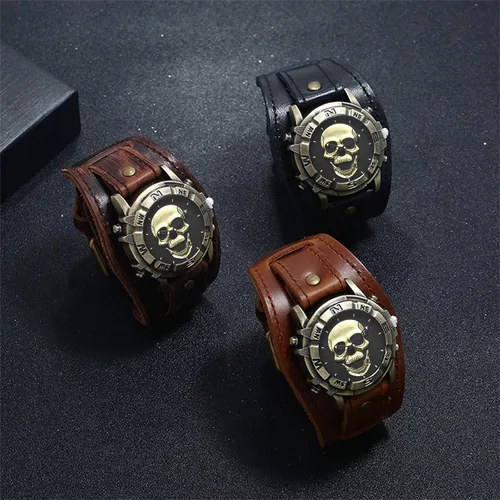 Vista 7 de Avaner Relojes vintage de cuero punk relojes retro de bronce con calavera de banda ancha de cuarzo para hombres