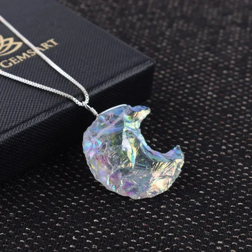 Vista 2 de YANARA Collar con colgante de cuarzo de aura de ángel crudo, piedra de media luna, piedra natural áspera para mujer, cristales curativos de chakras
