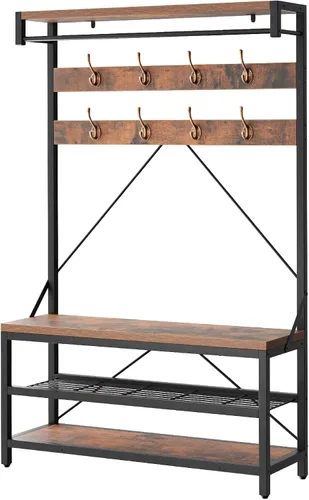 Vista 8 de Amyove Perchero grande para zapatos, banco de zapatos, zapatero de árbol para entrada, estante de almacenamiento de 3 niveles y ganchos extraíbles