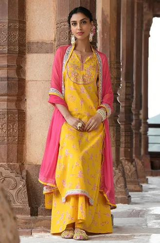 Vista 5 de Janasya Kurta bordada de algodón amarillo para mujer india con palazzo y dupatta
