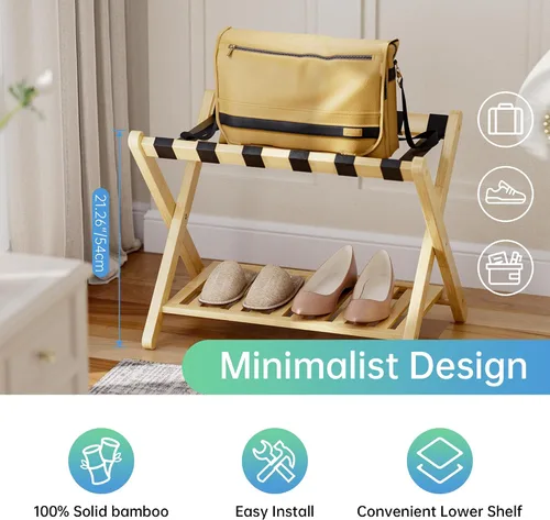 Vista 7 de SMIBUY Portaequipajes, soporte plegable de bambú para maleta con estante de almacenamiento para habitación de invitados, dormitorio, hotel, Natural