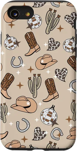 Vista 18 de Cowboy Hat & Boot & Disco Ball Pattern Brown Cowgirl Case for iPhone 17