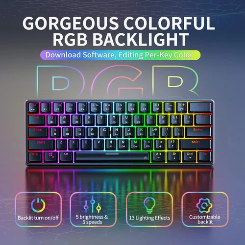 Vista 5 de Punkston TH61 60% Teclado mecánico para juegos, RGB retroiluminado ultra compacto con cable mini teclado mecánico teclas completas programables