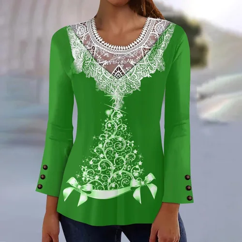 Vista 2 de Sudadera para mujer, color liso, cuello en V, con encaje, con botones, manga larga, túnica básica