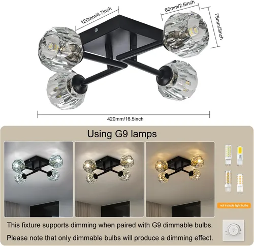 Vista 4 de Sputnik - Lámpara de techo semiempotrada de cristal negro de 4 luces, lámpara industrial para cocina, dormitorio, sala de estar, pasillo, bombilla