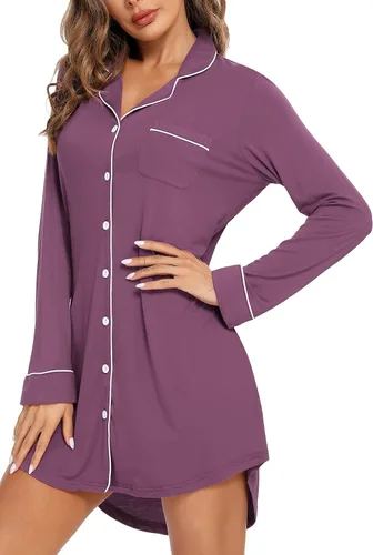 Vista 70 de Samring Camisón de pijama para mujer, manga corta/larga, con botones, camisón para dormir, camisón para novio, talla XXL