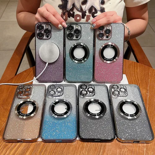 Vista 5 de Funda magnética con purpurina para iPhone 13 Pro Max, compatible con MagSafe con protector de cámara, logotipo suave, de lujo, linda, para mujeres