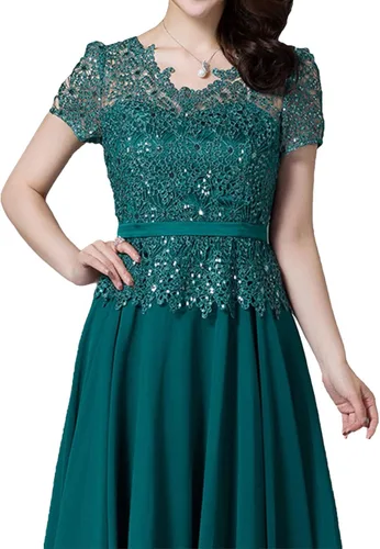 Vista 3 de Vestidos para madre de la novia, vestido de gasa de encaje formal, vestido de graduación, vestido de madre del novio de manga corta