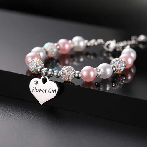 Vista 2 de Vinjewelry Pulsera de flores para niñas, bolas de perlas y diamantes de imitación, regalos para niñas de flores, uso en fiesta de boda, Metal
