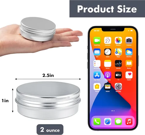 Vista 2 de Moretoes Paquete de 8 latas de aluminio de 2 onzas con tapas de rosca Pequeños recipientes de metal recargables, para salve, especias, velas