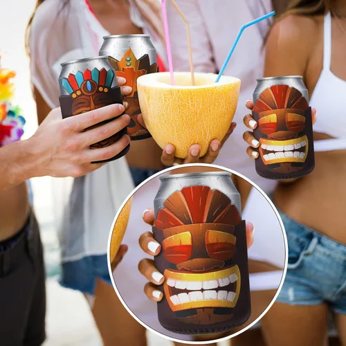 Vista 6 de Tarpop 16 fundas para latas de cerveza Tiki Party con aislamiento a granel, de neopreno, Luau Soda para bebidas de cerveza, funda para botella