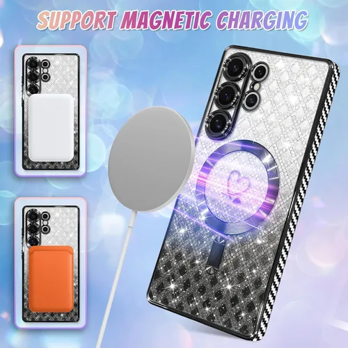 Vista 15 de Bonoma - Funda compatible con Samsung Galaxy S21 Plus, diseño de corazón con purpurina, color rosa Support for MagSafe, Plating Magnetic Case TPU