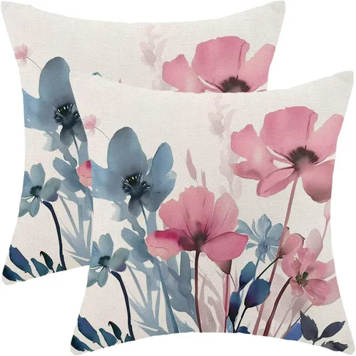 Vista 29 de AEIOAE Juego de 2 fundas de almohada florales azules y marrones de 16 x 16 pulgadas, fundas de almohada decorativas de flores de acuarela