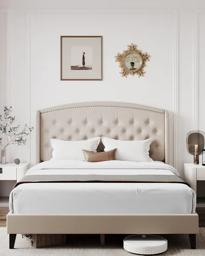 Vista 10 de Base de cama tamaño Queen, plataforma tapizada con cabecera de ala y diseño capitoné de botones, soporte de listones de madera, fácil montaje,