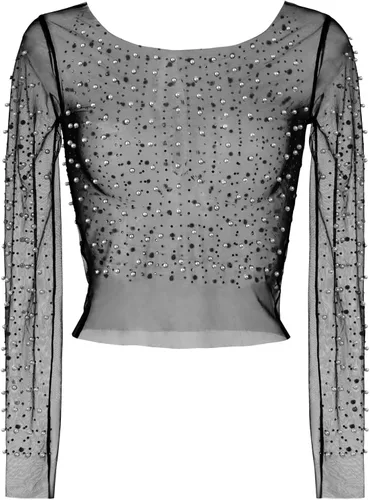 Vista 2 de Modegal Blusa de malla de manga larga transparente con diamantes de imitación de perlas para mujer, una pieza
