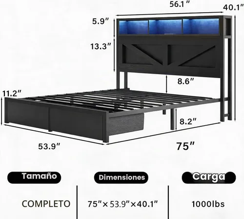 Vista 2 de Marco de cama matrimonial con cabecera y cajones de almacenamiento, color Luces LED y estación de carga, plataforma de metal, no necesita somier