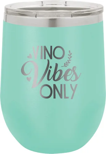 Vista 6 de CustomGiftsNow Vino Vibes Only - Stainless Steel Double-Wall Insulated 12-Ounce Truck Car Travel Coffee Cup Wine Tumbler Mug with Lid Light Blue
