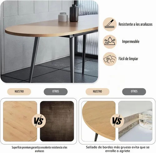 Vista 6 de Mesa de comedor extensible de 75 x 32 pulgadas, mesa ovalada de madera con patas de metal, ahorro de espacio, extensible de 59 a 75 pulgadas