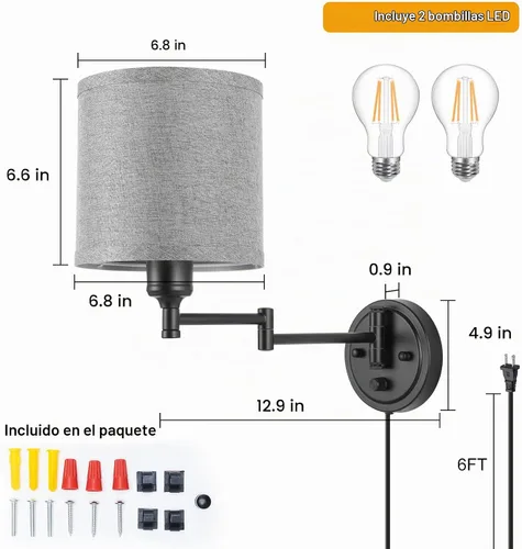 Vista 5 de GOODATE Apliques de pared regulables, lámpara de pared con brazo oscilante, juego de dos apliques de pared, lámpara de pared enchufable, juego de 2