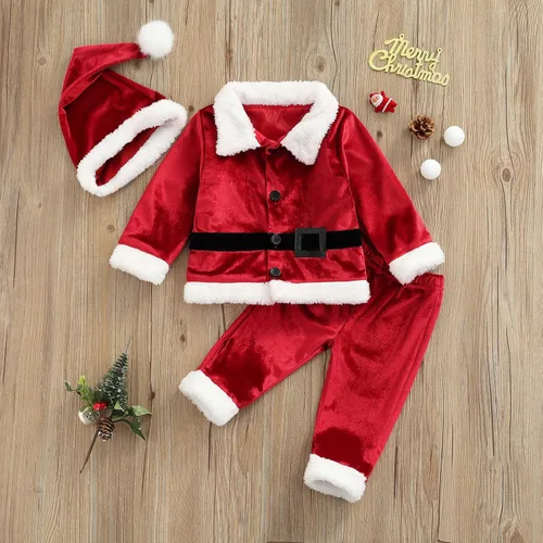 Vista 2 de Amnnchya Traje de Navidad para bebés, niños y niñas, disfraz de Papá Noel, para recién nacidos, chaqueta de felpa de lujo, conjunto de pantalones