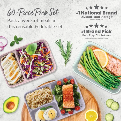 Vista 2 de Bentgo Prep Kit de preparación de comidas de 60 piezas, recipientes de alimentos reutilizables PFAS y sin BPA, 1 compartimento, 2 compartimentos y 3