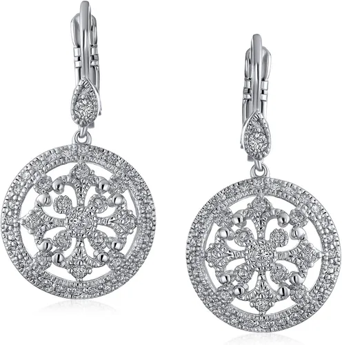 Vista 2 de Aretes colgantes de estilo vintage para novia, brújula redonda, circonita cúbica, circonita cúbica, latón chapado en plata, Gema Metal, Circonia