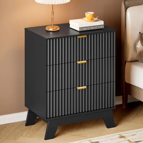 Vista 5 de BORNOON Cómoda con 3 cajones acanalados, cómoda de madera moderna y compacta de 30.3" de altura estilo Boho, gabinete de almacenamiento