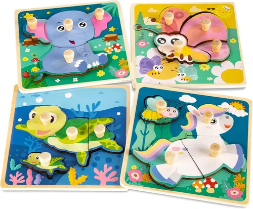 Vista 9 de Rompecabezas de madera para niños pequeños – 4 piezas de patrones de animales ecológicos con asas – Aprendizaje de habilidades motoras finas