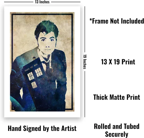 Vista 2 de CultClassicPosters Doctor Who Décimo Doctor - Póster minimalista hecho a mano de 13 x 19 pulgadas con David Tennant y TARDIS - Impresión de papel