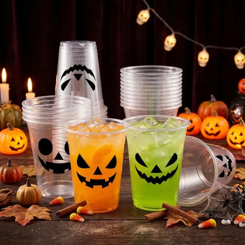 Vista 5 de 50 Pcs Halloween Plastic Cups 12oz Black Pumpkin Face Disposable Clear Cups Set with 3 Styles Patterns for Halloween Trick or Treat Birthday Party