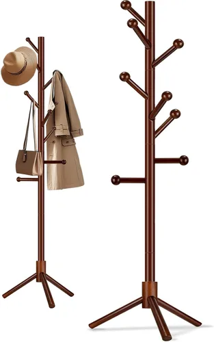 Vista 8 de Perchero de madera independiente, altura ajustable, soporte de madera maciza con 8 ganchos de extremo de bola, base de trípode estable, árbol