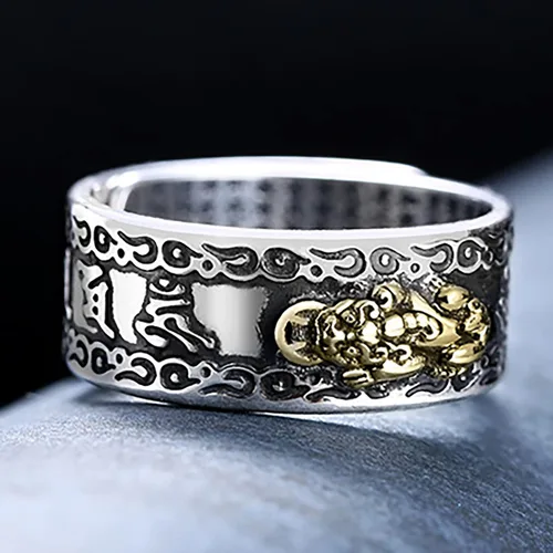 Vista 5 de Kucheed Anillo de mantra Feng Shui PiXiu, anillos budistas de plata de buena suerte, joyería de amuleto MANI, doble protección, riqueza amor salud