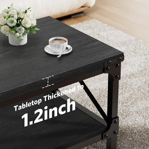 Vista 4 de Mesa de café rectangular para sala de estar, mesa de café rectangular de madera, mesa central industrial moderna de 2 niveles con tablero engrosado