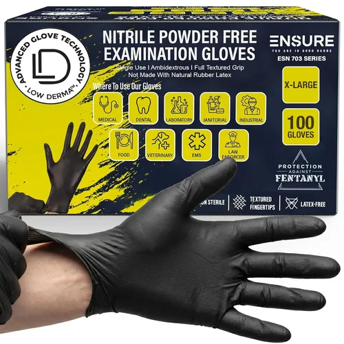 Vista 16 de Guantes de Nitrilo Negros Ensure Baja Dermatitis 7 Mil, Resistente, Resistentes a Perforaciones y Químicos, Desechables, Sin Látex, para Automotriz