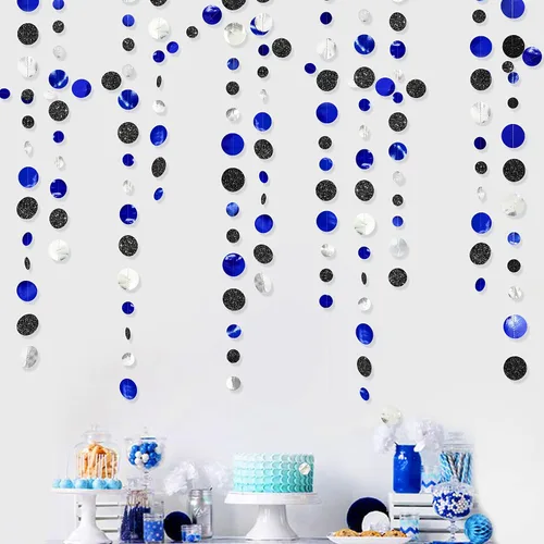 Vista 5 de Guirnalda de 46 pies de puntos circulares azul marino, negro y plateado, serpentina de lunares azul real y negro para cumpleaños, graduaciones