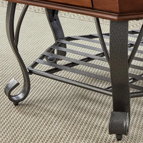 Vista 6 de Mesa de centro de madera hexagonal retro con parte superior de madera, mesa de centro de mediados de siglo de 2 niveles con cajón y patas de metal
