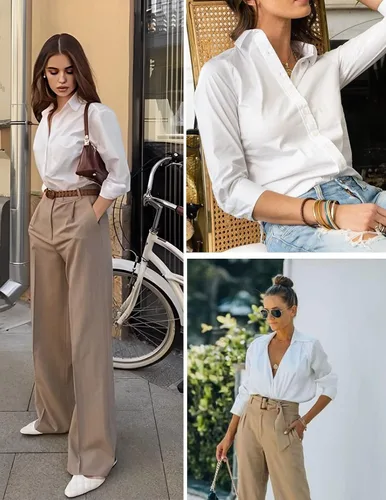 Vista 2 de HOTOUCH Camisas básicas con botones para mujer, manga 34, elásticas, con botones, camisa de vestir ajustada para camarera