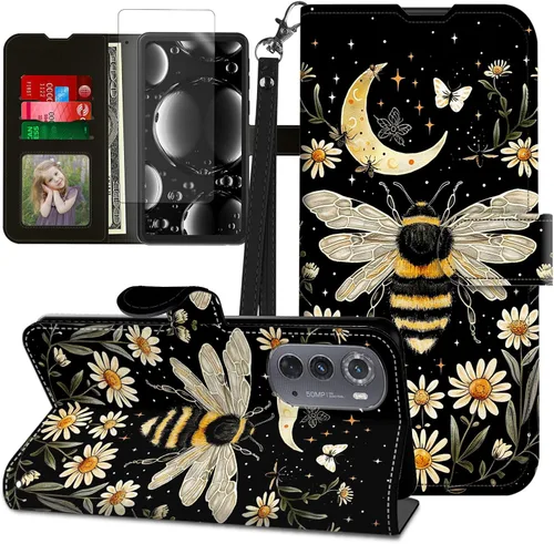 Vista 253 de Funda para Motorola Edge 2022 con protector de pantalla, soporte y tarjetero y correa para la muñeca, funda magnética para Moto Edge 2022 5G UW Lobo