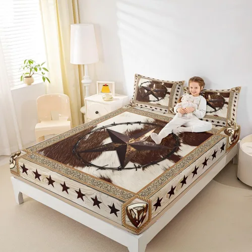 Vista 3 de Sábana bajera ajustable para niños con estampado de piel de vaca rústica, tamaño individual, juego de ropa de cama de tablones de madera vintage